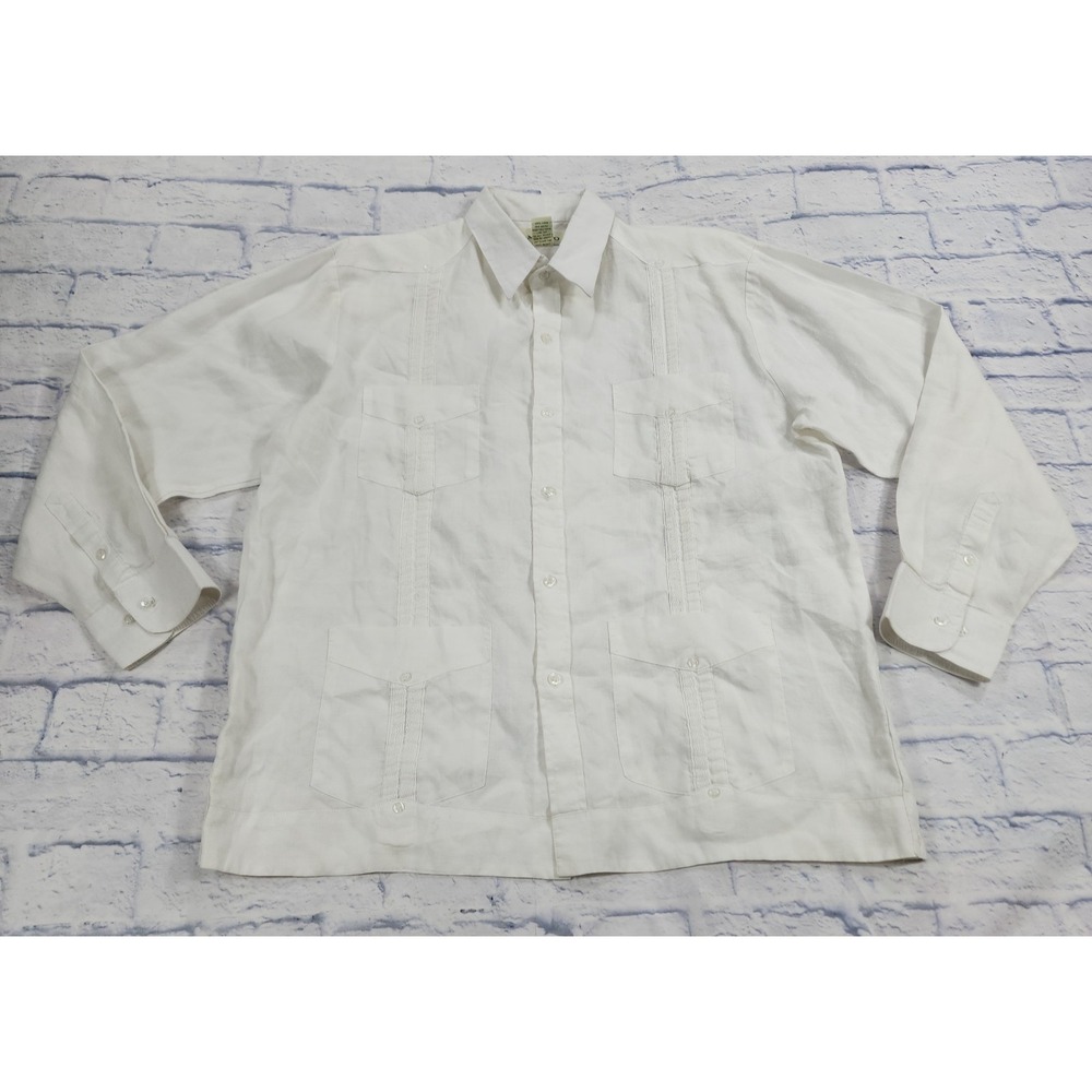 Mojito Collection MENS SIZE XL White Guayabera Shirt 100% Linen 4 Pockets Embro